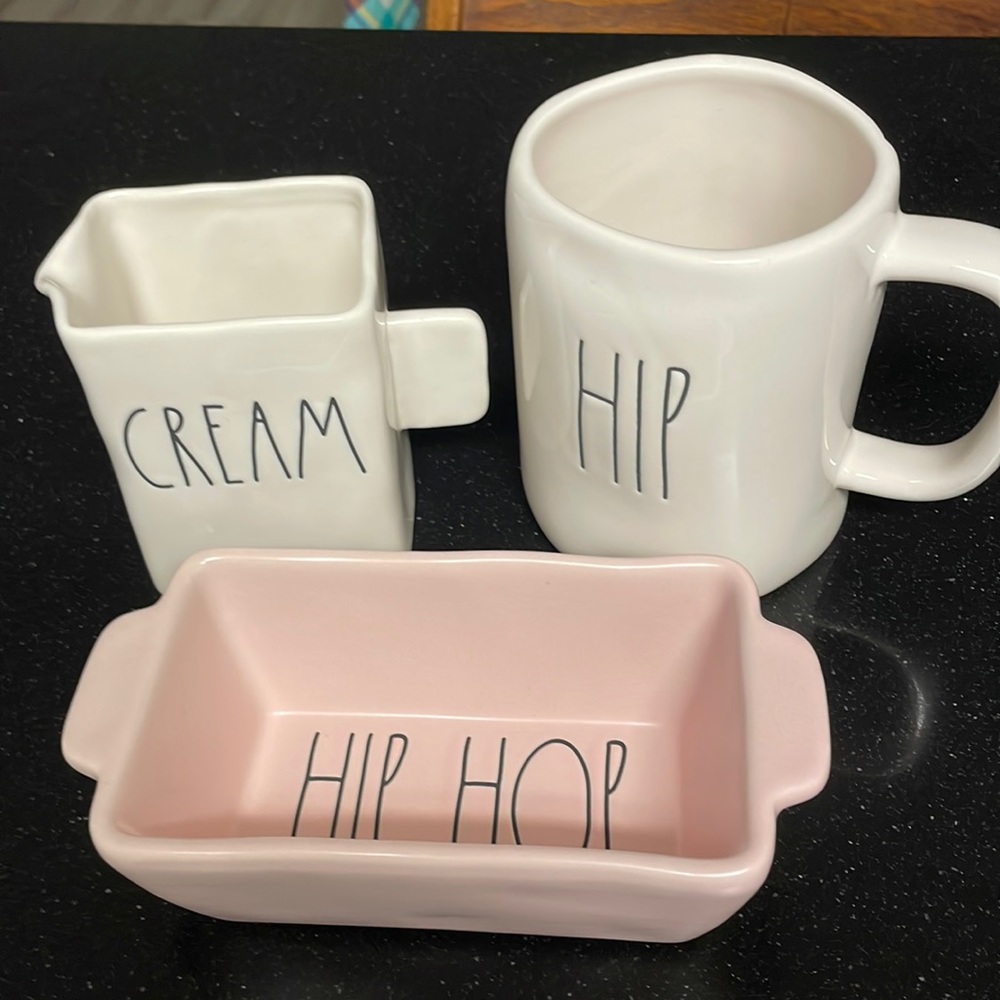 Coffee Mug, creamer, loaf pan.